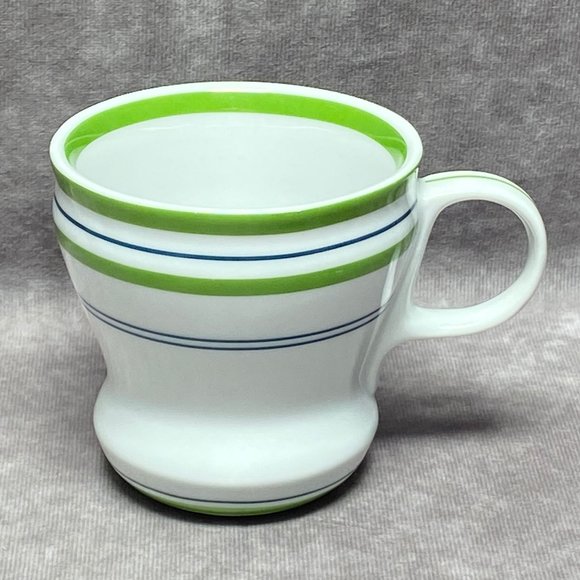 2007 Starbucks White Coffee Mug Green Band Blue Stripes Tea Cup 12oz Microwave a - Picture 1 of 11
